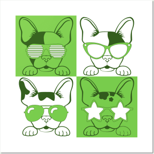 Frenchies with Glasses Green Posters and Art